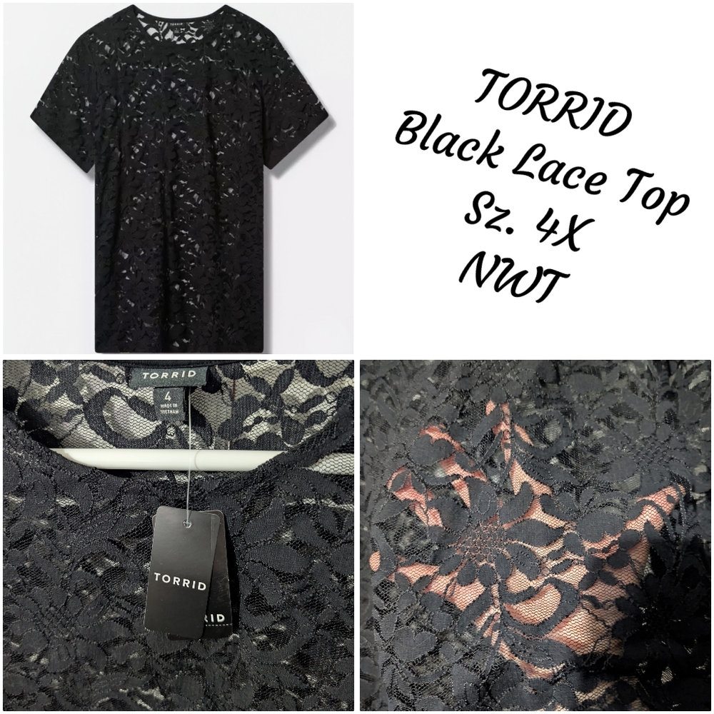 TORRID Sheer Stretch Black Lace, Crew Neck Tee, Size 4X, NWT